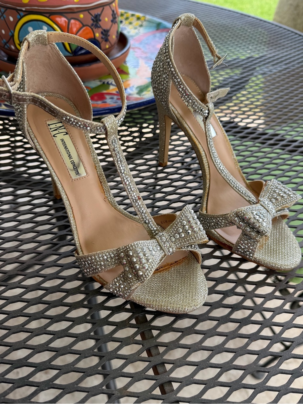 INC International Concepts Champagne Crystal Bow T-Strap Heels